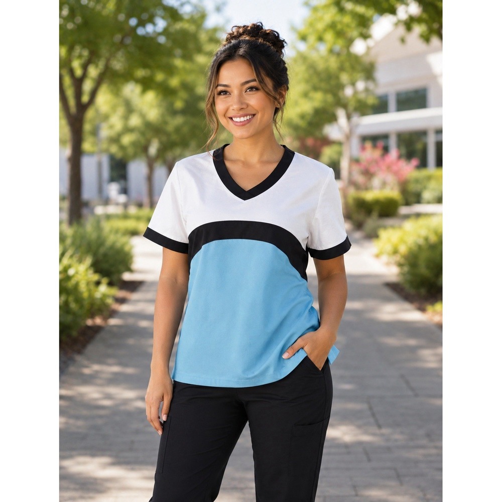 Landau FX Juniors Stretch Scrub Top Blue Brown White Colorblock New Size 15